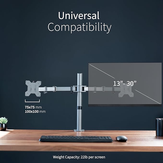 VIVO Dual Monitor Desk Mount, Heavy Duty Fully Adjustable Steel Stand, Holds 2 Computer Screens up to 30 inches and Max 22lbs Each, Gray Color, STAND-V002-GY