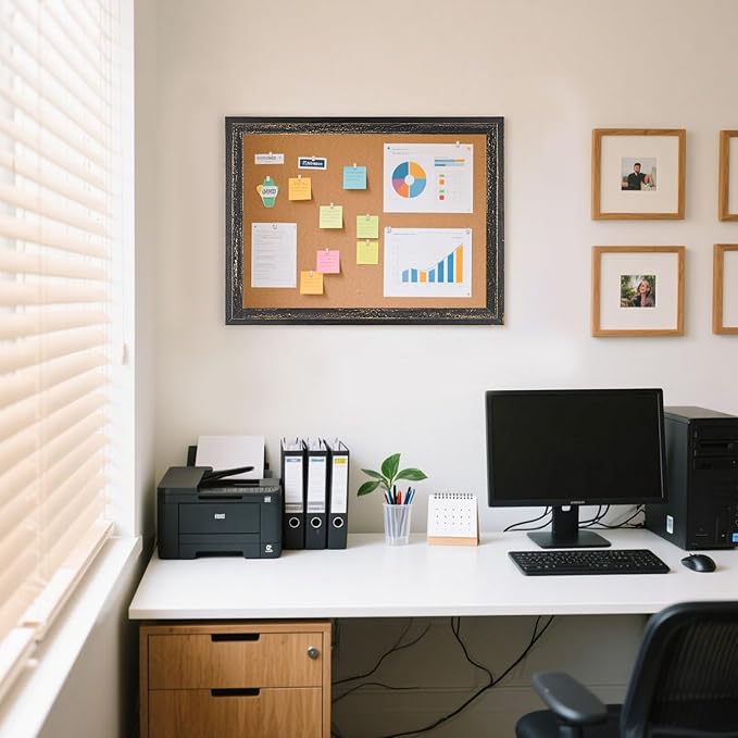 Cork Board Bulletin Board - 24" x 18" - Rustic Black Frame Corkboard for Wall - Decorative Pin Board, Message Board, Vision Board, Picture Board, Photo Board