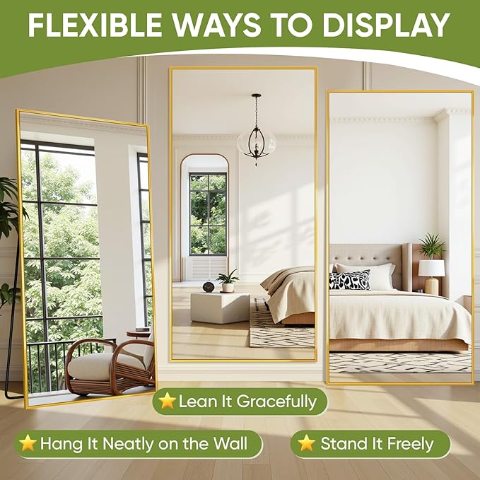 Full-Length Floor Mirror with Stand, 71"x28" Rectangle Style Full Body Standing Mirror for Bedroom, Living Room, Gym, Dorm - Shatter-Resistant & Easy Assembly, Gold