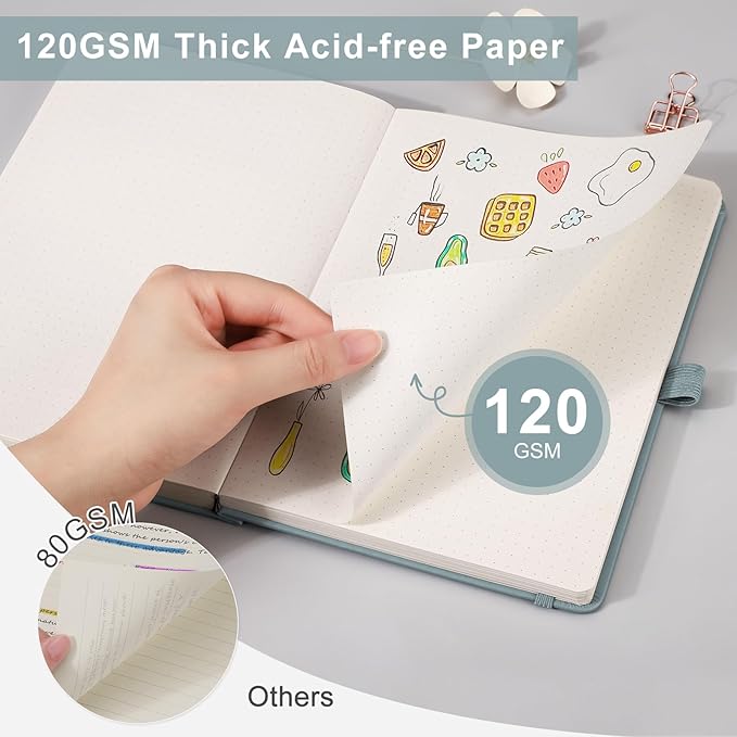 EMSHOI Dotted Notebook - 256 Pages A5 Dot Grid Journal Bullet Notebook with 120gsm Thick Dotted Paper,16 Perforated Pages, Hardcover Leather, Pen Holder, Inner Pocket, 5.75" x 8.38"-LightBlue