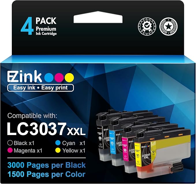 E-Z Ink LC3037XXL LC3037 Ink Cartridges Replacement for Brother LC3037 XXL LC3037 BK/C/M/Y to Use with Brother MFC-J5845DW MFC-J5845DW XL MFC-J5945DW MFC-J6545DW MFC-J6545DW XL MFC-J6945DW (4 Pack)