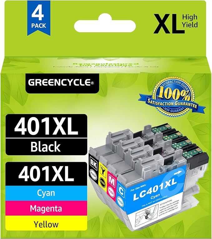 LC401XL Ink Cartridge Replacement for Brother LC401 LC 401 XL High Yield Ink Cartridges Compatible for Brother MFC-J1010 MFC-J1012 MFC-J1170 MFC-J1800 DCP-J1800DW DCP-J1140DW (BCMY, 4 Pack)