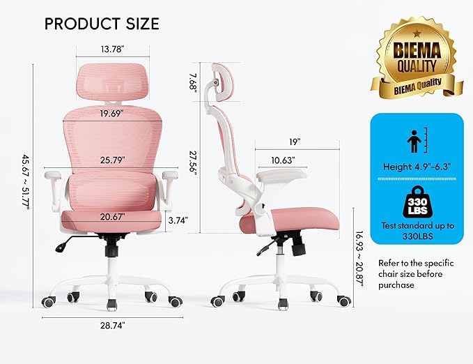 TRALT Office Chair - Ergonomic Office Chair with Back Support, Computer Chair - Home Office Desk Chairs, 330lbs Wide Seat Big and Tall Office Chairs with Headrest, Comfy Desk Chairs (Pink)