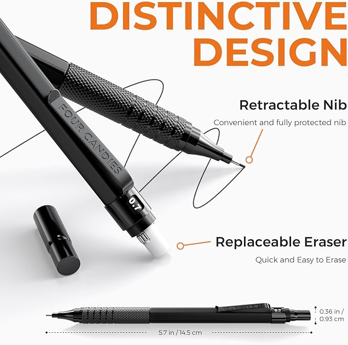 Four Candies 4PCS Metal Mechanical Pencils Set with Case, 0.5mm & 0.7 mm Artist Pencil with 8 Tubes (480PCS) HB Lead Refills, 3 Erasers,9 Eraser Refills For Writing Drafting, Drawing, Black&Silver