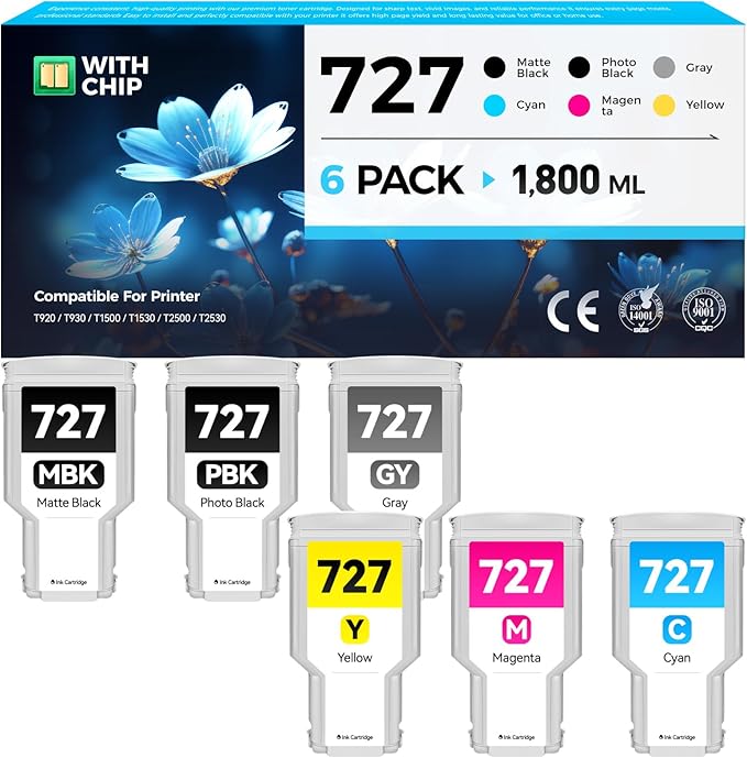 727 Ink Cartridges set 6-Pack 300-ml High Yield Replacement for HP 727 Ink F9J79A C1Q12A F9J76A F9J77A F9J78A F9J80A Compatible with HP DesignJet T930 T920 T1500 T2500 T1530 T2530 Printer Color Inkjet