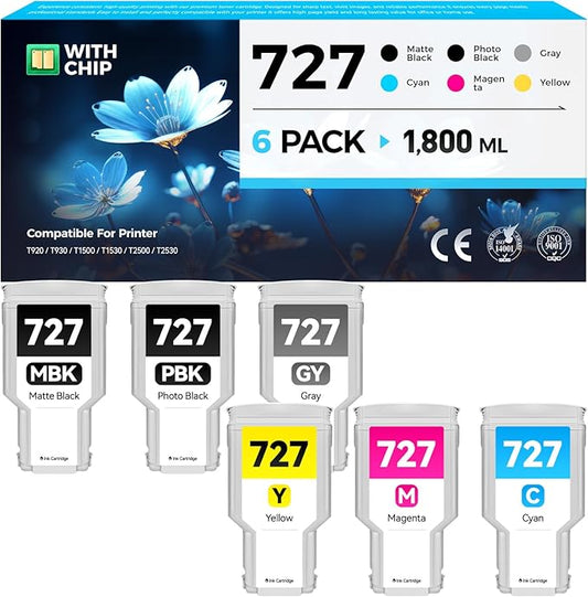 727 Ink Cartridges set 6-Pack 300-ml High Yield Replacement for HP 727 Ink F9J79A C1Q12A F9J76A F9J77A F9J78A F9J80A Compatible with HP DesignJet T930 T920 T1500 T2500 T1530 T2530 Printer Color Inkjet