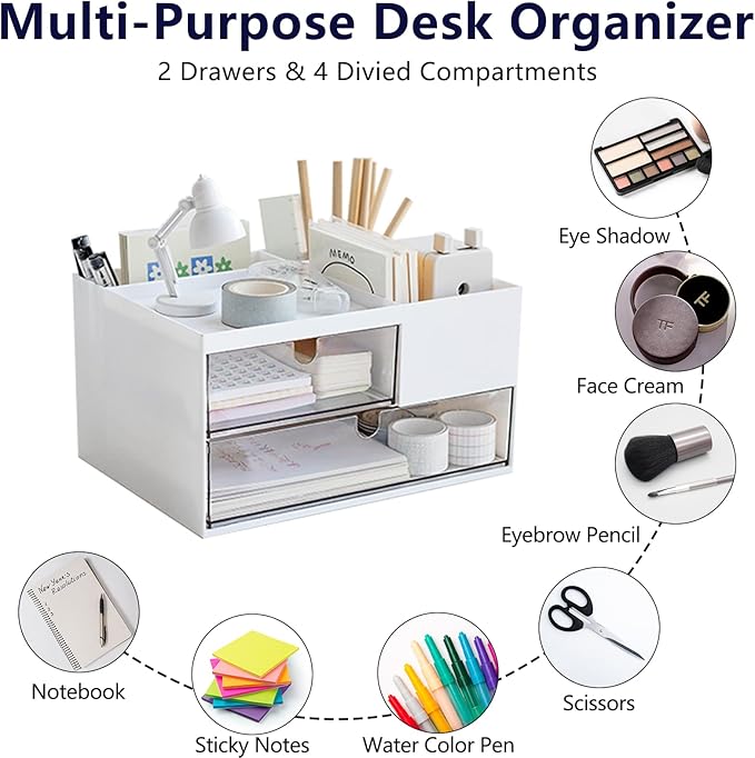 Desk Drawer Organizer, Desk Storage Box with 2 Drawers and 4 Compartments, Multifunctional Desk Accessories & Countertop Organizers for Office School Home (White