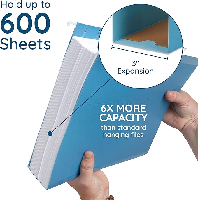 25 Blue Summit Supplies Hanging File Folders 3 inch Expansion, Letter Size, Assorted Colors, 3 inch Hanging File Folders, 11PT Paper, Expandable Hanging File Folders Letter Size 3 inch, 25 Pack