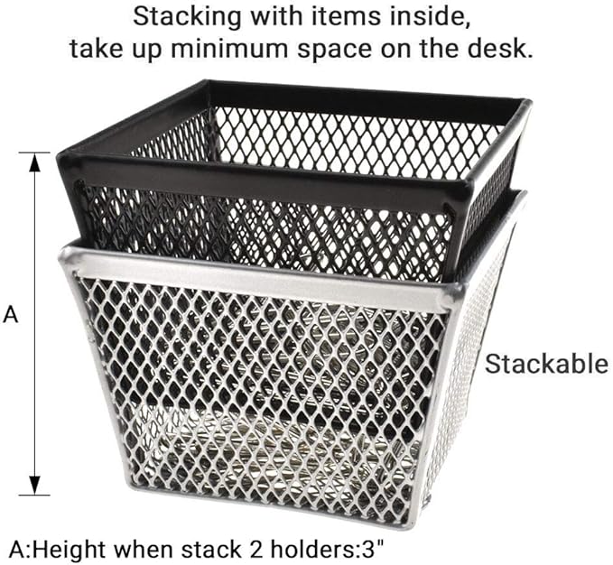 HAHIYO Stackable Paper Clip Mesh Holder Cup 2.2" Height 4 Pack Sturdy Paperclip Holder Container for Desk Drawer Organizer Collection for Home Office School Black Silver Soft Foam Feet No Sharp Edges