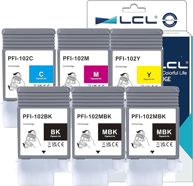 LCL Compatible Ink Cartridge Replacement for Canon PFI102 PFI-102 PFI-102MBK PFI-102BK PFI-102C PFI-102M PFI-102Y imagePROGRAF iPF500 iPF600 iPF605 iPF610 iPF650 iPF655 iPF700 iPF760 iPF765 (6-Pack)
