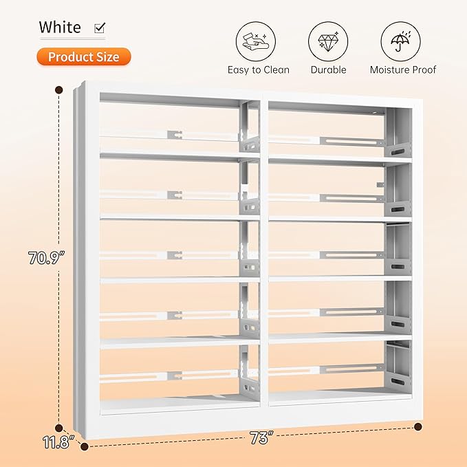 5-Tier Bookcase with Adjustable Storage Shelves, Metal Bookshelf with Book Stopper, Bookcase Shelf for Library, Office, Living Room (White-2)