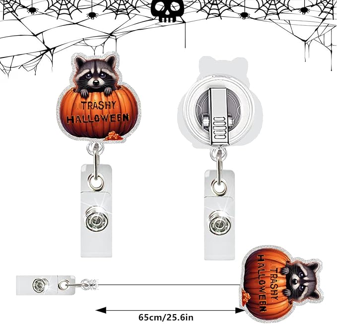 Halloween Badge Reel Retractable Cute Raccoon Name Tag Acrylic Alligator Clip Halloween Raccoon Sitting in Pumpkin Designs Badge Clip ID Spooky Badge Holder for Nurse Student Teacher
