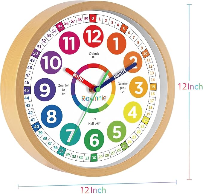 Roymnie12 Inch Wall Clock for Kids Learning to Tell Time Easily Analog Non - Image 9