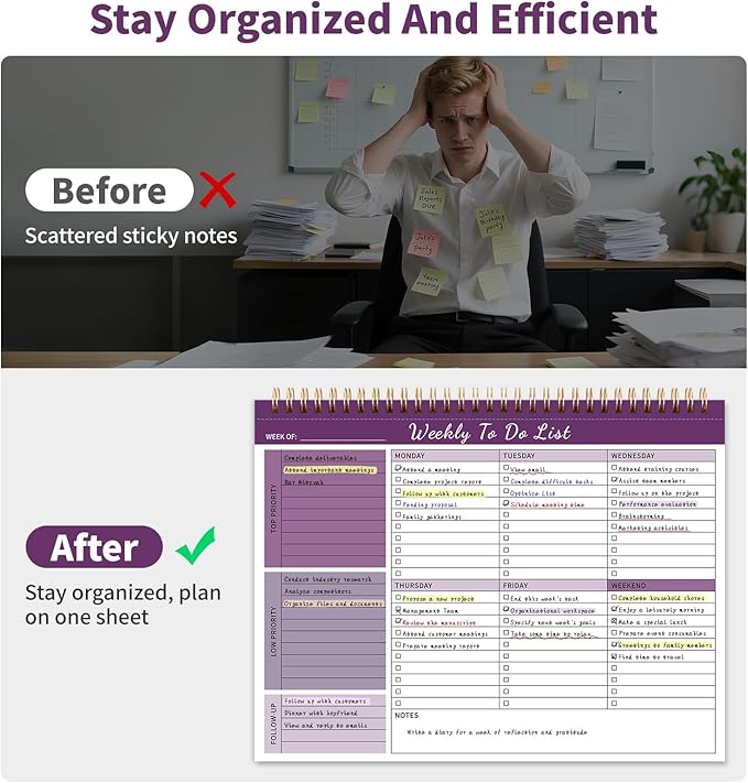 Weekly To Do List Notepad, 52 Undated Sheets （8.5"×11") Duplex-printed Weekly Planner Notepad For Work Home School Office Desk Accessories Supplies & Goal Setting Tasks - Purple