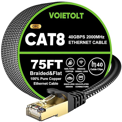 Cat 8 Ethernet Cable 75 FT Flat, High Speed 40Gbps 2000Mhz Braided Internet by EthernetCable