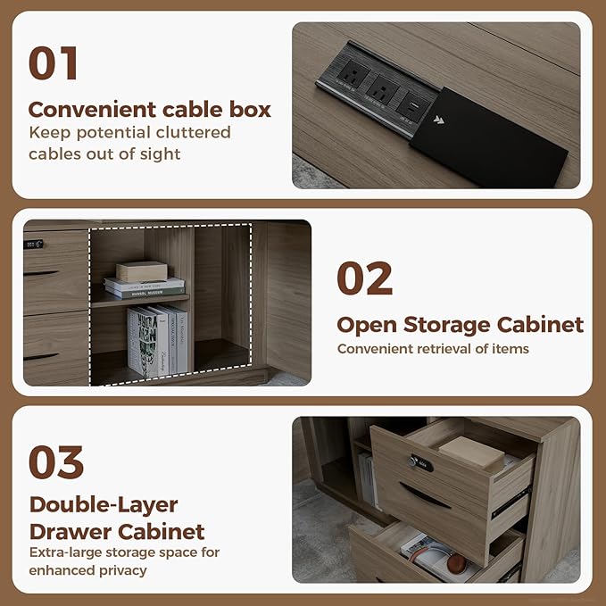 L-Shaped Executive Desk with Reversible Cabinets, Lockable Drawers & Cable Management – Large Wood Office Desk for Home or CEO Office(Black Walnut,63" L*32" W*30" H)