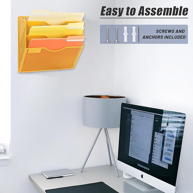 EASEPRES 3 Pocket Mesh Hanging Wall File Organizer, Wall Mounted Mail Paper Document Folder Holder, Clipboard Storage Organization Magazine Rack with Nametag Label for Office Home School, Yellow