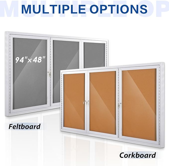 SWANCROWN Outdoor Bulletin Board 94x48in, Enclosed Bulletin Board with Locking Door for Office School Commerce, Grey Felt, Sliver Aluminum Frame