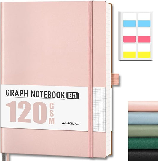 AHGXG Graph Paper Notebook - Grid Notebook Journal, 120 GSM Thick Graph Paper, Large B5 Notebook 96 Pages, Leather Softcover, for Graphing, Writing, Math, Engineering, 7.6'' X 10'' - Rose Gold