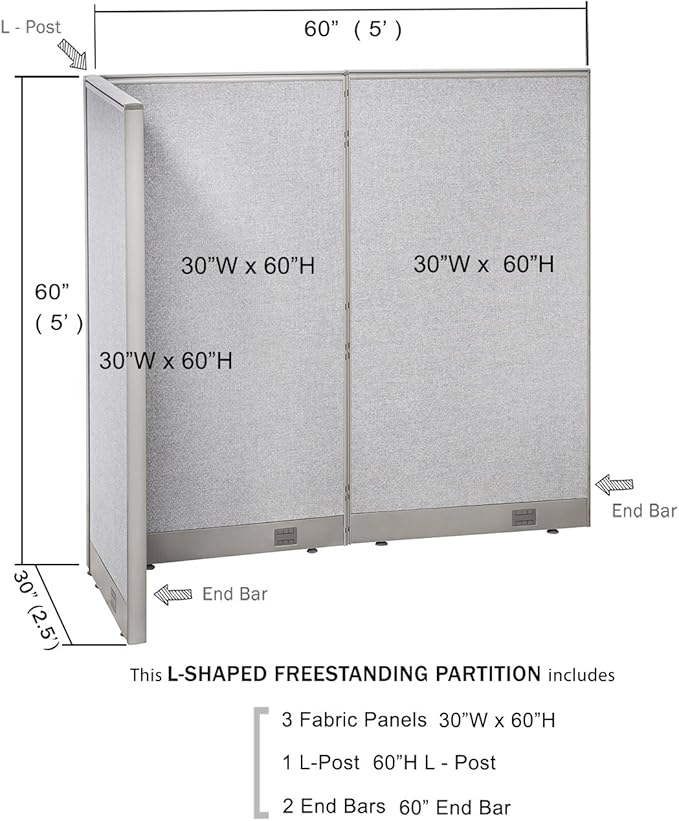 GOF Freestanding L Shaped Office Partition, Large Fabric Room Divider Panel, 30" D x 60" W x 60" H