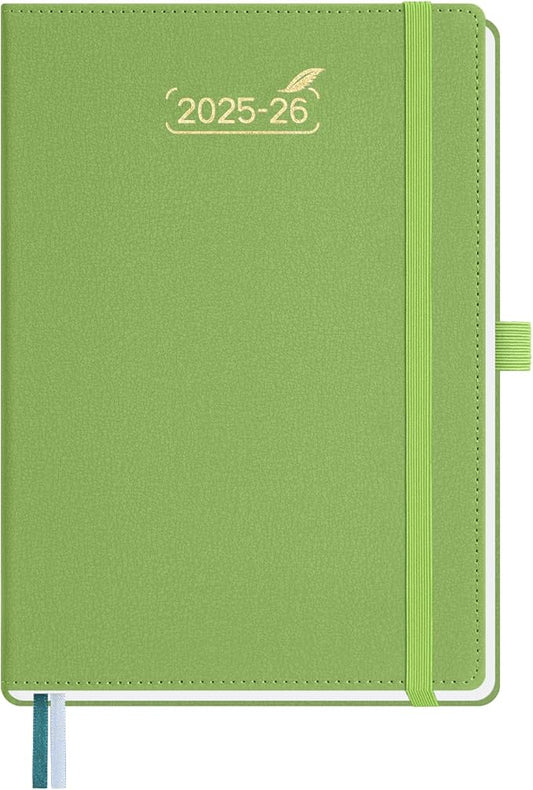 BEZEND Weekly Planner 2025-2026 with 2 Columns, 5.8" x 8.5" Academic Calendar 18 Months (Jul 25-Dec 26) Life Work Appointment Book with Monthly Tab, PU Leather Hardcover - Fruit Green