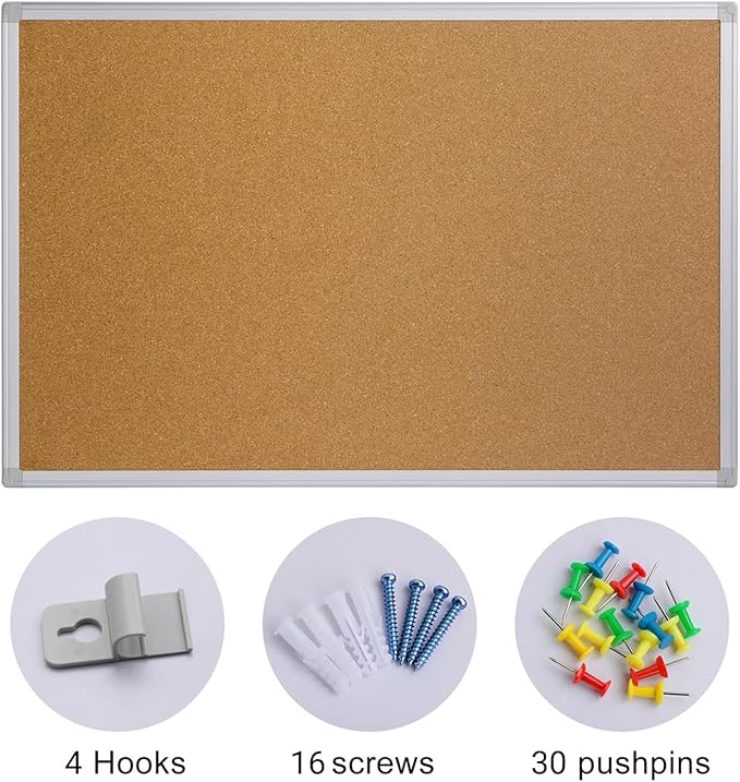 Board2by 2-Pack Cork Board Bulletin Board 20 x 30 Inches, Silver Aluminium Framed Corkboard, Office Board for Wall Cork, Large Wall Mounted Notice Pin Board with 32 Pins
