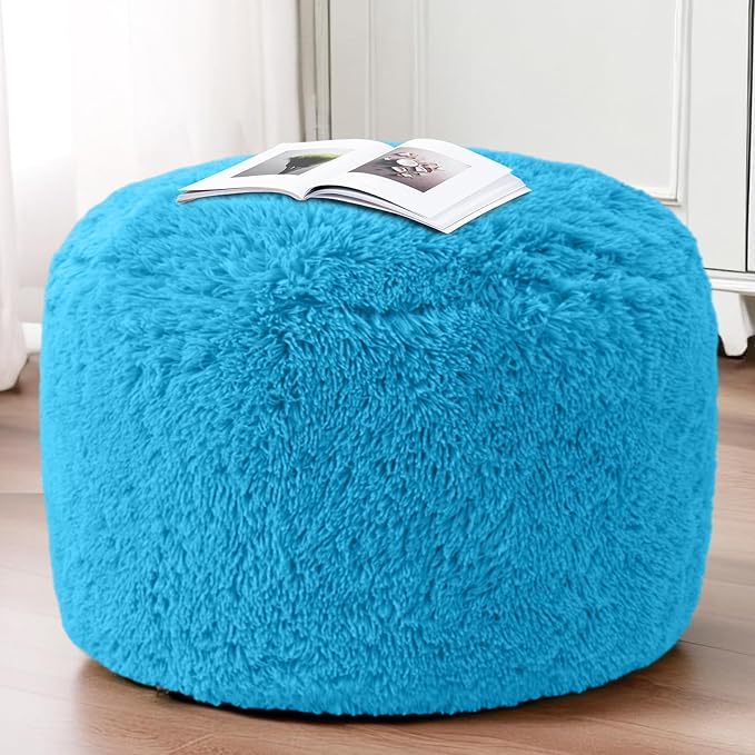 HIGOGOGO Round Stuffed Pouf Ottoman, Long Faux Fur Poufs with Foam Chunk Filling, Fluffy and Furry Pouf Foot Stool Storage Ottoman, 26 X 18 Floor Poufs Foot Rest for Living Room, Blue