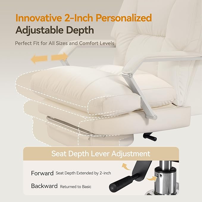 Reclining Office Chair with Footrest - 25.6" Wide Seat & Adjustable Seat Depth, Big and Tall High Back Leather Executive Home Office Desk Chair 400lbs, Cream