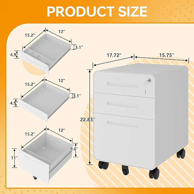 STANI 3 Drawer Filing Cabinet, Metal Filing Cabinet Legal/Letter Size with Lock, Mobile Storage Cabinet for Home and Office, Fully Assembled Except Wheels White