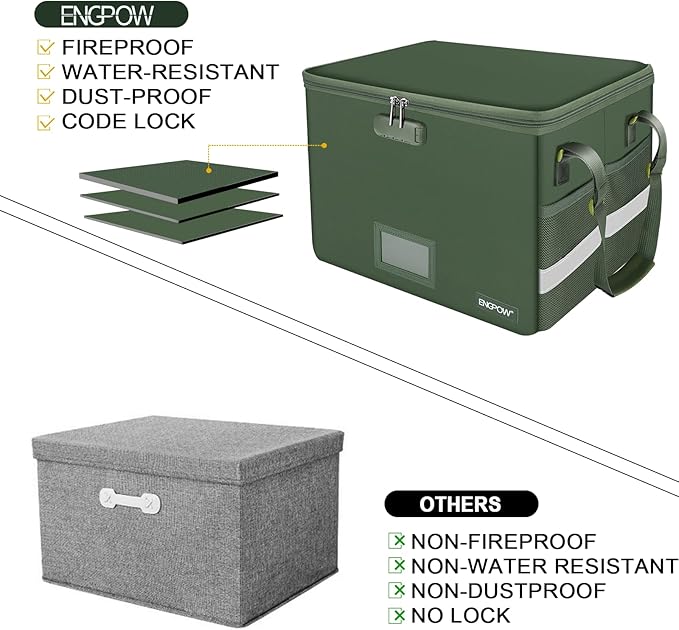 ENGPOW File Box with Lock, Fireproof Document Box with Zipper Lid, Collapsible File Storage Organizer Filing Cabinet with Handle, Portable Home Office Safe for Hanging Letter/Legal Folders, Green
