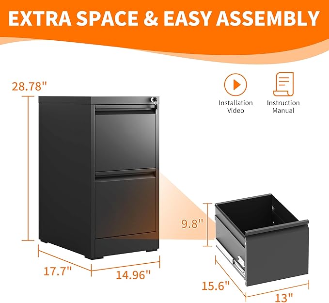 Metal File Cabinet with 2 Drawer Heavy Duty Home Office Steel Vertical Filing Lockable Cabinets for Legal/Letter Size,Assembly Required