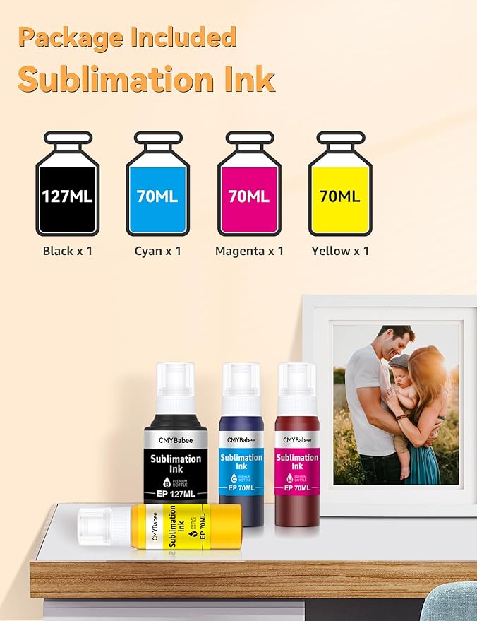 CMYBabee Sublimation Ink Refill Bottles Compatible for Epson Printers ET2800 ET15000 ET8550 ET2400 ET4800 ET2850 ET2803 ET3830 ET3850 ET4850 Heat Press Transfer on Mugs T-Shirts(4 Pack)