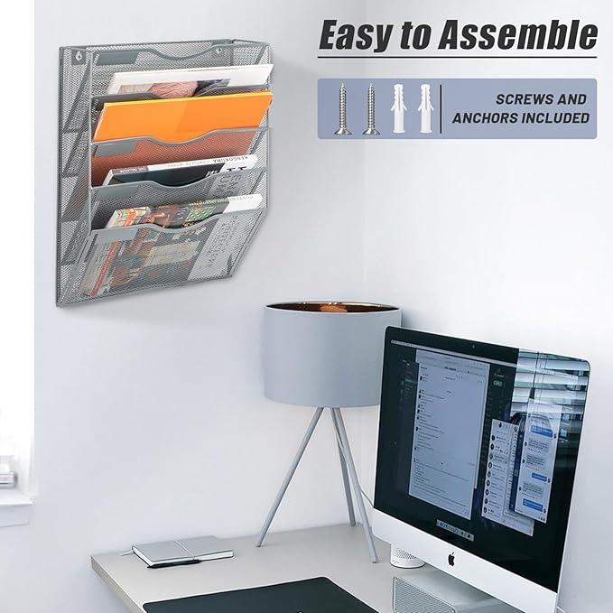 EASEPRES 5 Pocket Mesh Hanging Wall File Organizer, Wall Mounted Mail Paper Document Folder Holder, Clipboard Storage Organization Magazine Rack with Nametag Label for Office Home School, Gray