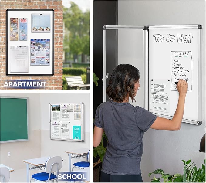 SWANCROWN Locking Bulletin Boards Enclosed Noticeboard White Glass Message Boards Indoor for School Office 38x38 inches (12xA4)