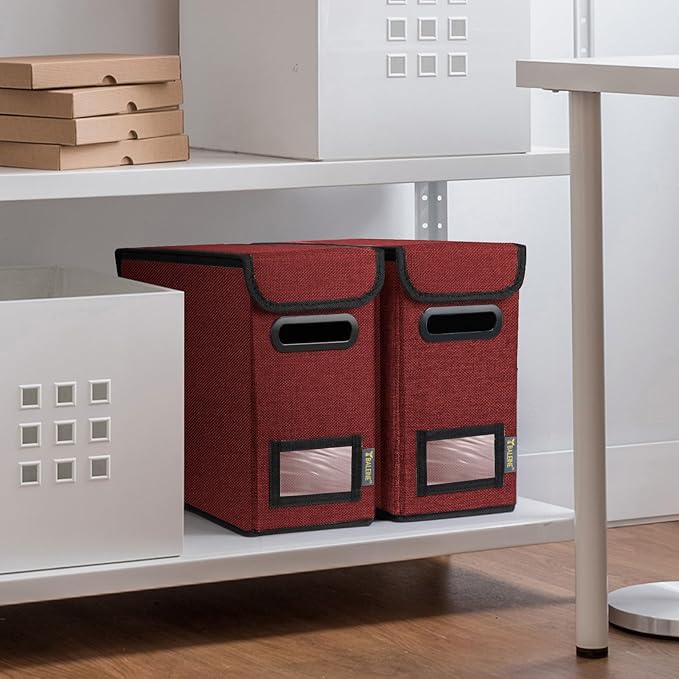 BALEINE File Organizer Box with Lid, Collapsible File Folder Organizer with Plastic Slide, Hanging File Folder Box for Office Document Storage (2 Pack, Red, S)