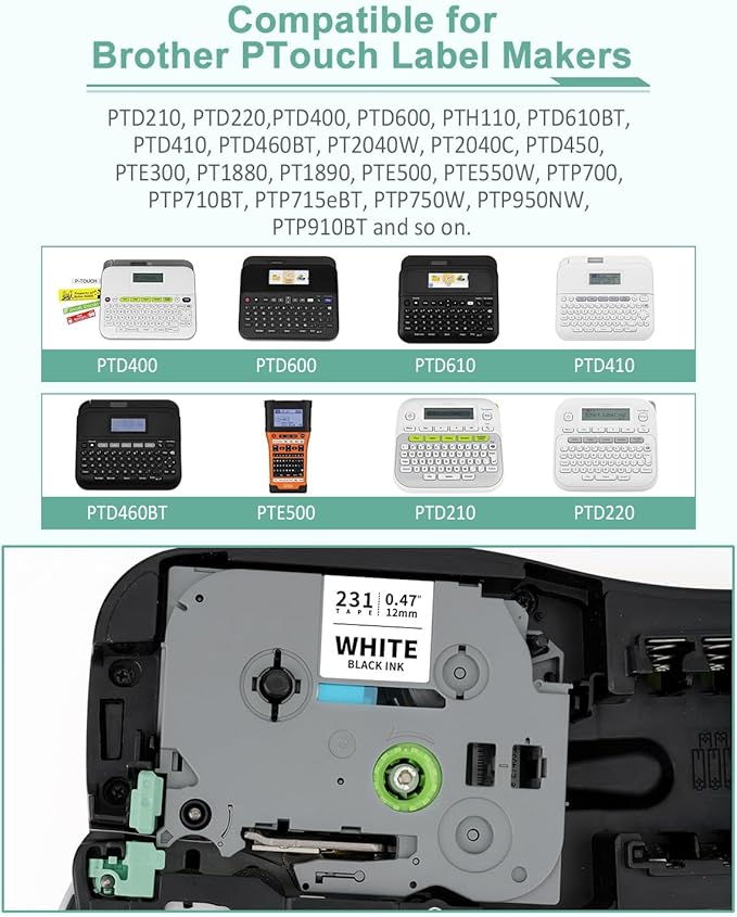 6-Pack 12mm 0.47" Multi-Color Label Tape Compatible for Brother Tze431 Tze531 Tze631 Tze MQG35 MQP35 P Touch Tze Tz Tape 12mm 0.47" Laminated White for PTH110 PTD220 PTD210 PTD400 PTD610BT