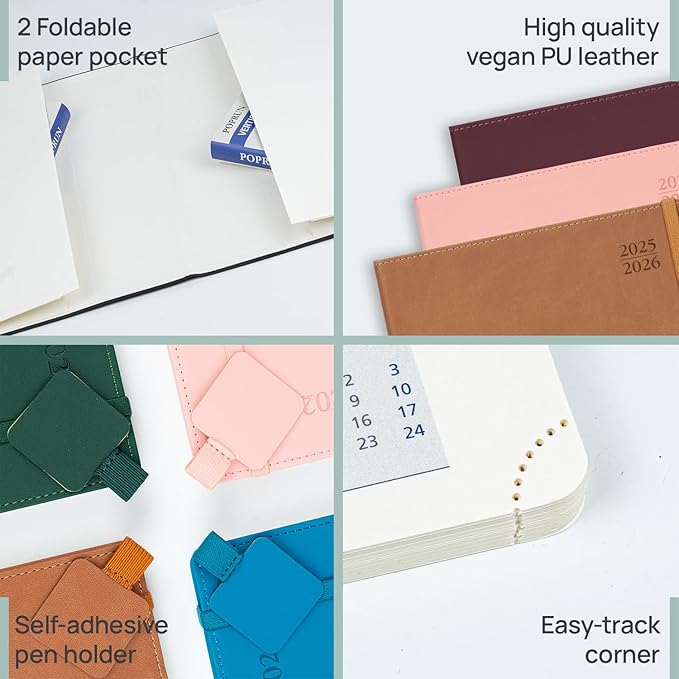 POPRUN Academic Planner 2025-2026, 8.5'' x 11.25'', Quarter-Hourly Appointment Book (July 2025-June 2026) with PU Leather Soft Cover, Dual Pockets, Monthly Tabs, 100GSM Thick Paper - Claret