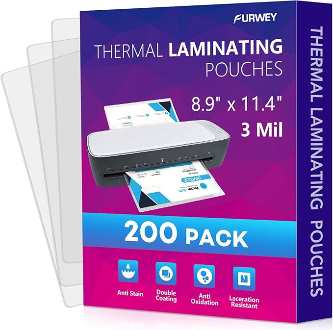 200 Pack Laminating Sheets, 3 mil, 8.9" x 11.4" Thermal Laminating Pouches Lamination Sheet Paper for Laminator, Clear, Letter Size, Office and School Supplies