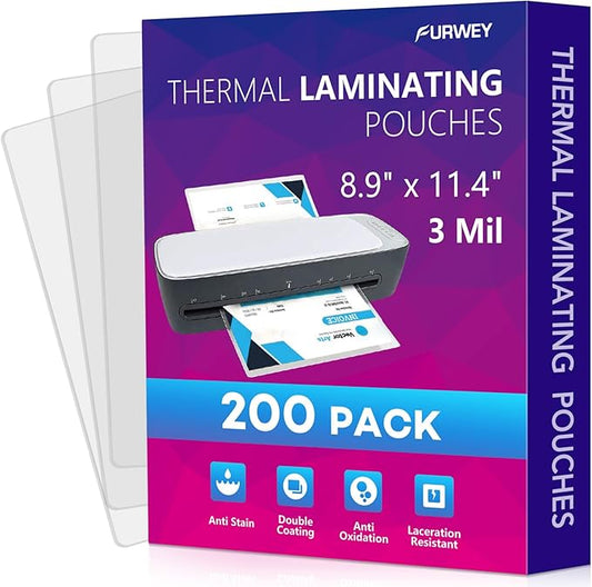 200 Pack Laminating Sheets, 3 mil, 8.9" x 11.4" Thermal Laminating Pouches Lamination Sheet Paper for Laminator, Clear, Letter Size, Office and School Supplies