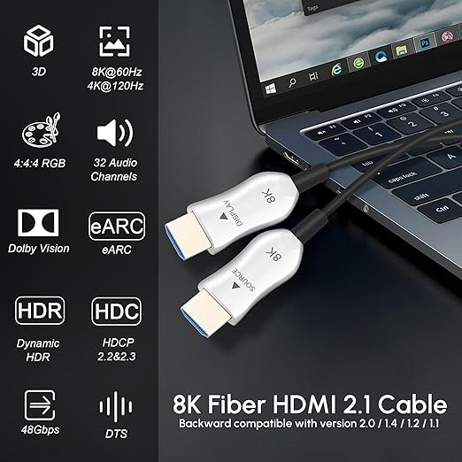 8K Fiber Optic HDMI 2.1 Cable 25ft, Active HDMI Cable Slim, High Speed Fiber - Image 2