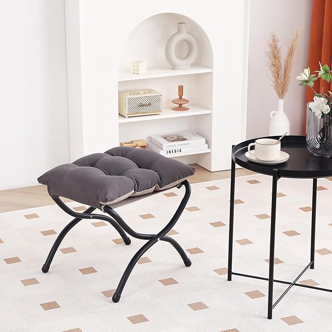 LITA Folding Upholstered Footrest Stool, Modern Small Portable Accent Ottoman with Detachable Thick Cotton Cushion Padded Sofa Stool with Metal Frame for Lazy Chair, Living Room & Bedroom, Dark Grey