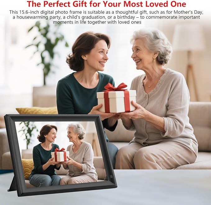FRAMEO 15.6 inch Digital Picture Frame,Large WiFi Photo Frame 32GB,FHD IPS Touch Screen, Wall-Mounted,Share Photo/Video, Living Room Elderly Parents Birthday