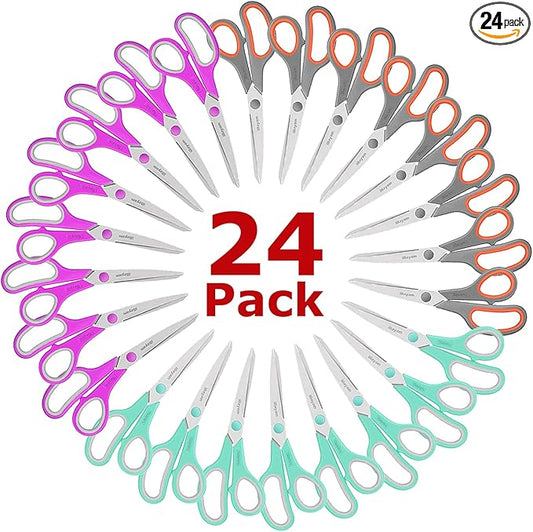 iBayam 8 '' Multipurpose Heavy Duty Scissors Bulk 24-Pack, 2.5mm Thickness Ultra Sharp Blade Shears with Comfort-Grip Handles for Household School Office Supplies, Right/Left Hand Tools