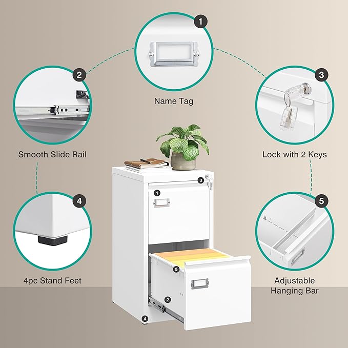 SISESOL 2 Drawer File Cabinet with Lock and Tag,Narrow Two Drawer Filing Cabinet,White Vertical Metal File Cabinets,Small Filing Cabinets for Home Office Fit Letter/A4/Legal Size File,Easy Assembly