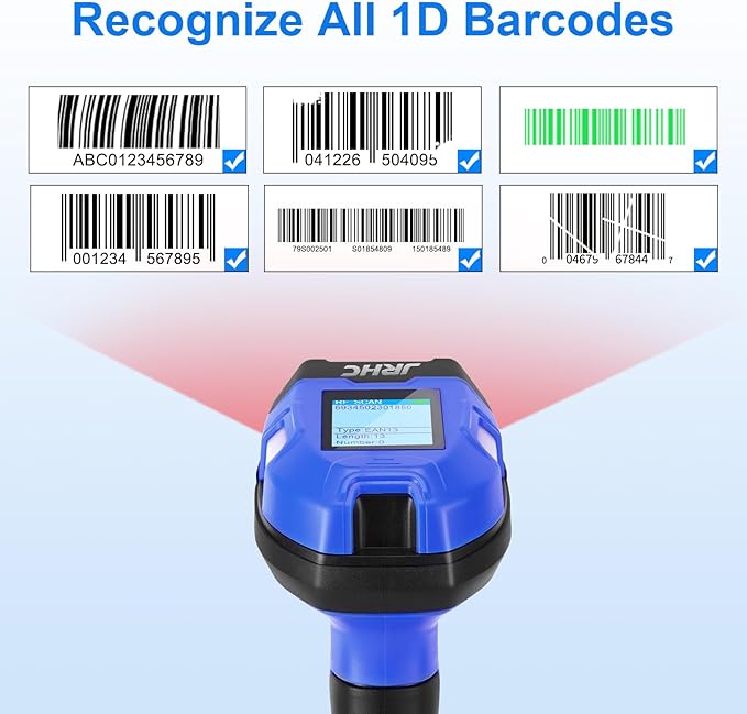 Barcode Scanner Industrial, Wireless 1D Laser Bar Code Scanners 2 in 1 Plug and Play Rugged Heavy Duty & IP65 Waterproof, Long-Distance Wireless Handheld Barcode Reader with 1.8" Screen