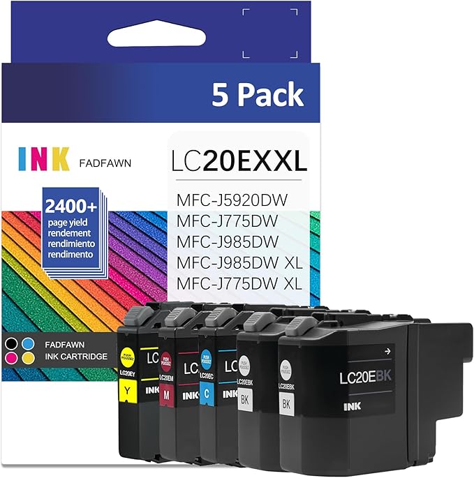 LC20E Super High Yield Ink Cartridge Set Replacement for Brother LC20EBK LC20EC LC20EM LC20EY LC20E XXL Ink Cartridges MFC-J5920DW MFC-J985DW MFC-J775DW MFC-J985DWXL Printer (2BK/C/M/Y, 5 Pack)