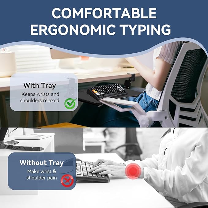 VUSIGN Keyboard Tray Under Desk Height Adjustable,Pull Out with Adjustable C Clamp Mount System for L-Shaped Tables, Extra Sturdy, 26.4” x 11.8” Slide-Out Platform Computer Drawer for Typing, Black