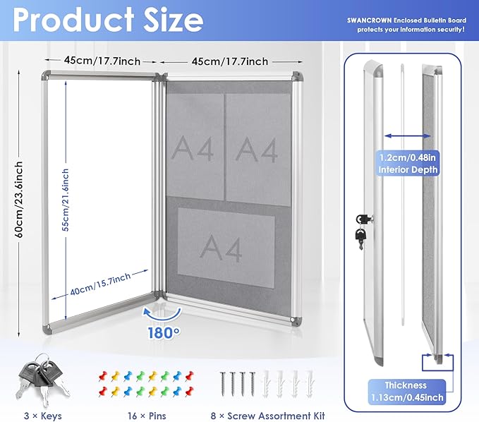 SWANCROWN Enclosed Bulletin Board 24x18 in, Tamperproof Lockable Grey Felt Board Wall Display Case for Office School Home, Aluminum Frame