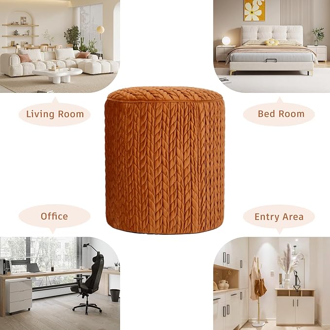 Modern Round Ottoman 2Pcs, Braided-Tufted Foot Stool Ottoman, Velvet Upholstered Vanity Stool for Makeup, Bedroom, Living Room, Dark Orange