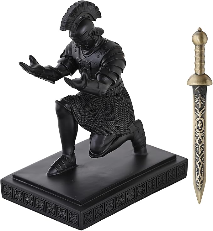 Roman Praetorian Warrior Knight Pen Holder Desk Ornament Resin Pencil Holder Desk Accessories and Organizer For Office with a Letter Opener (Black)